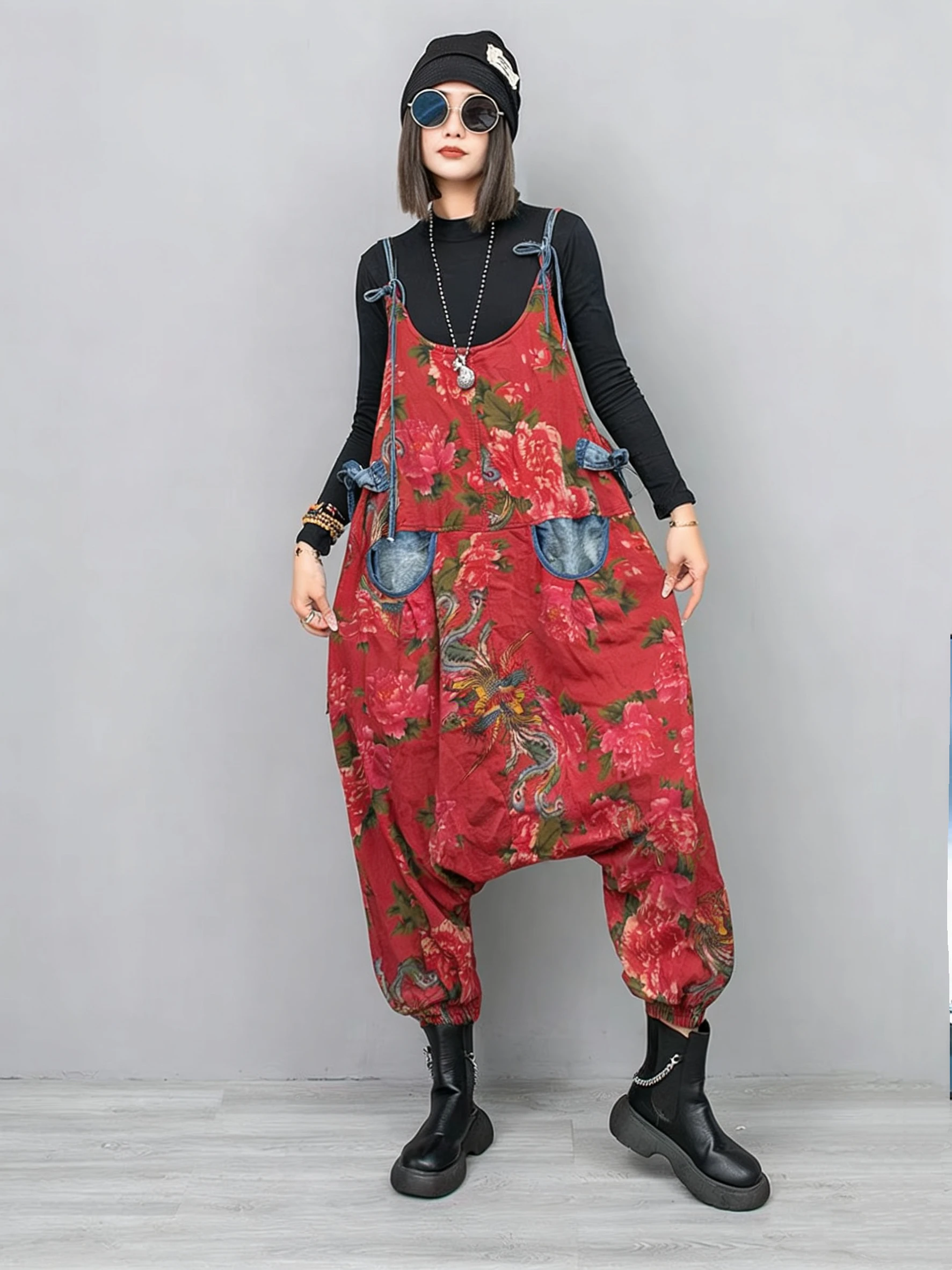 

Cool Printed High Waist Wide Leg Denim Overalls Women Spring Loose Faion Svel Cargo Pants Casual Waed out Sle