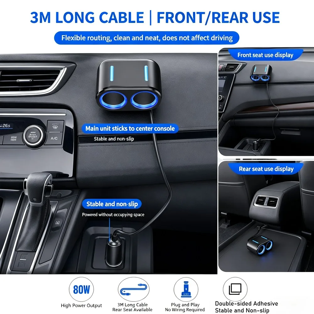 Car Cigarette Lighter Splitter 3M Extension Cable Dual Socket 12V 24V LED Blue Light Self Adhesive Tape For Car Front Rear Seat