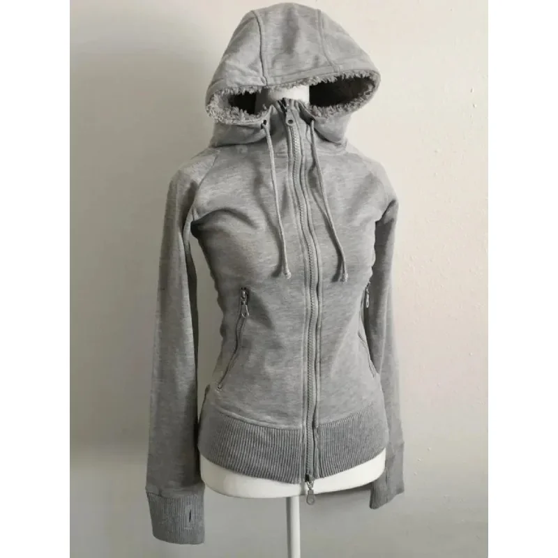 American Style Retro Grey Faux Fur Wool Double Zipper Jacket Hoodies Women Slim Waist Hooded Y2k Coat Casual Fashion Sweatshirt