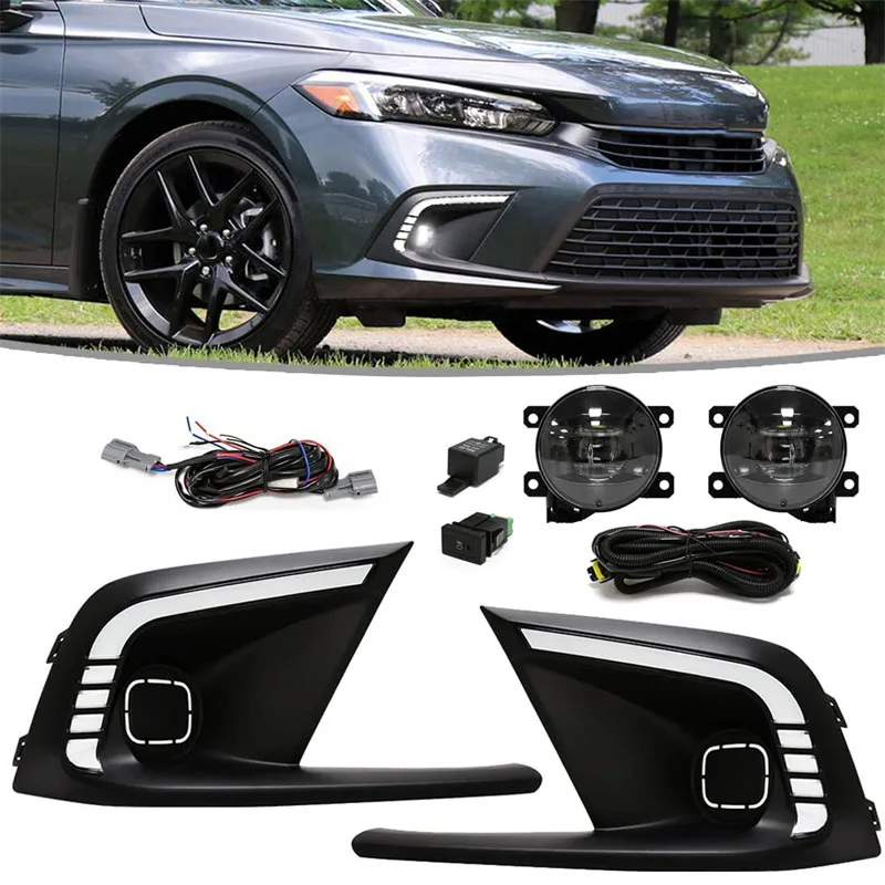 

LED Fog Lights FOR 2022-2023 Honda CIVIC DRL LED Fog lamp bezel cover + Clear projector fog lens kit Car Accessories