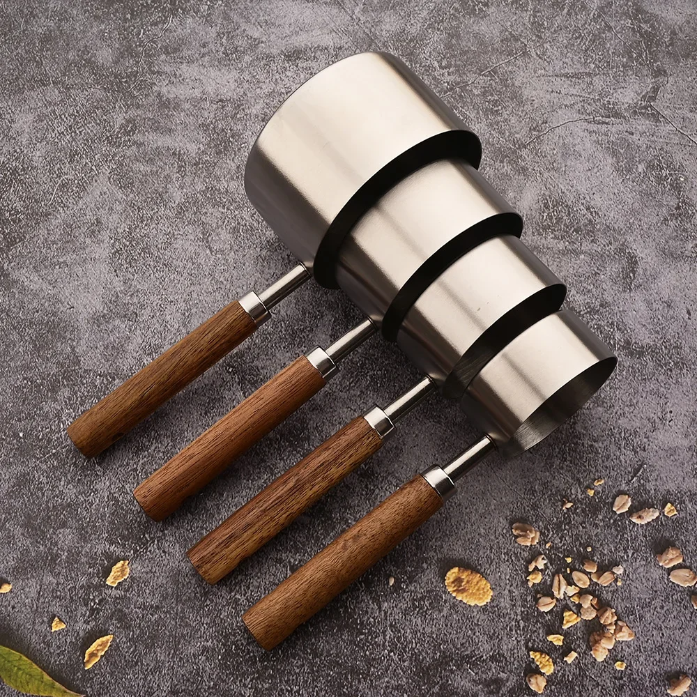 1/4/8Pcs Measuring Cup Spoon Sets Stainless Steel Wooden Handle Coffee Flour Scoop Bartending Scale Kitchen Cooking Gadget Sets