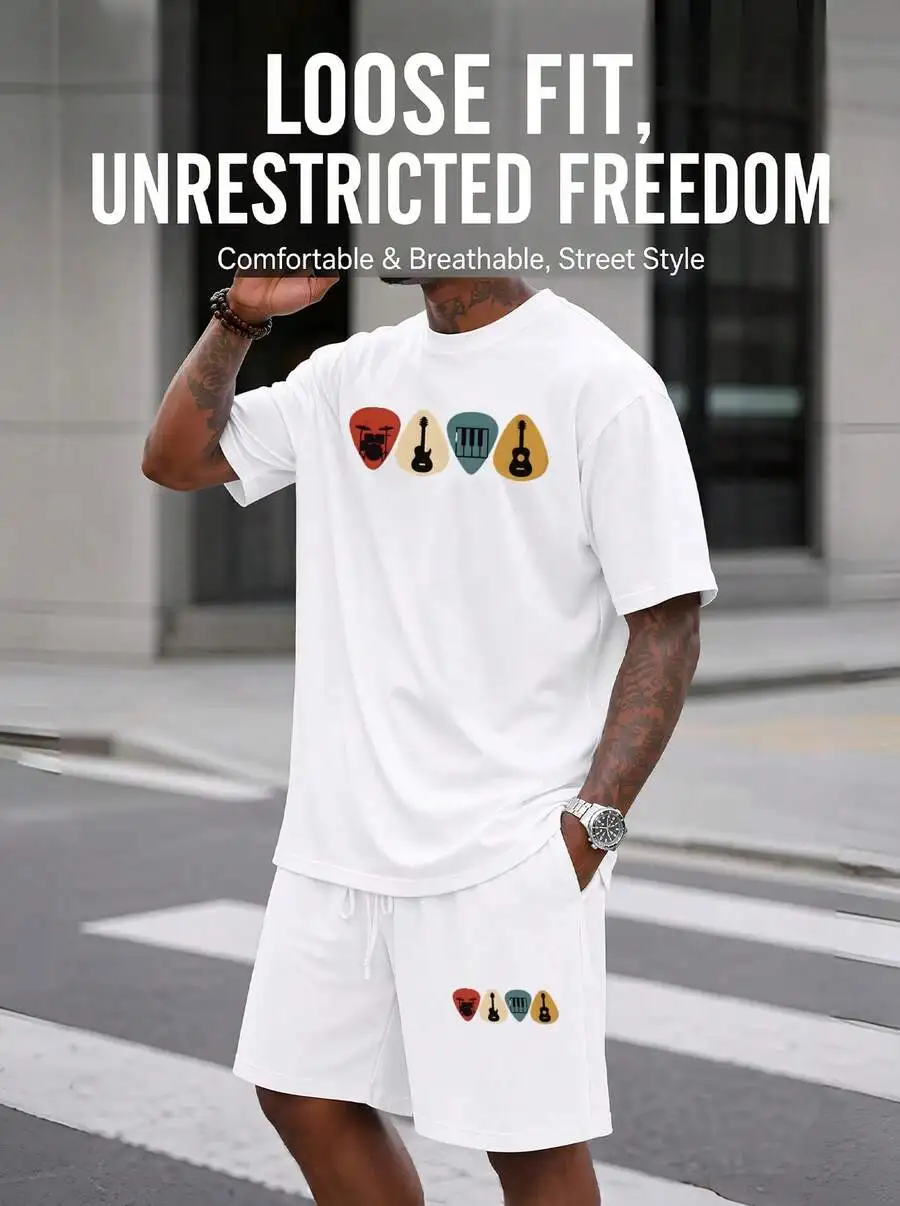 Men S 2 Piece Oversized T-Shirt Shorts Set Musical Instrument Pi Graphic Streetwear Casual Outfit view 5