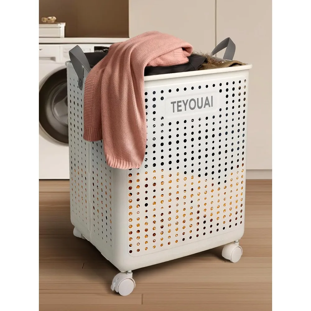 

67L Rolling Plastic Collapsible Laundry Basket Cube Storage Bin Box Organizer with Wheels Handle Durable Ventilated Foldable