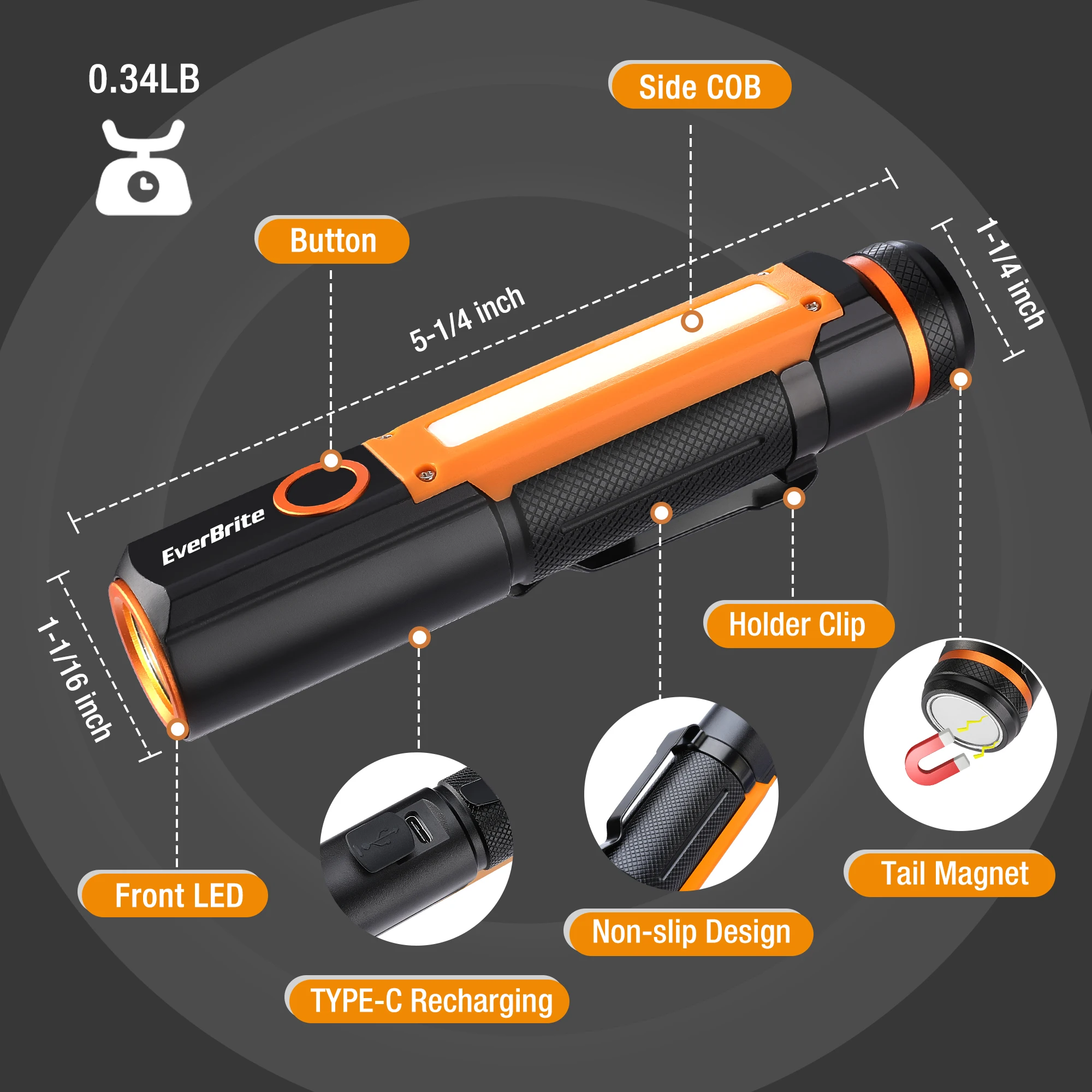 Imagem -02 - Everbrite-usb Portátil Recarregável Led Luz de Trabalho Lanterna Cob Cob Magnético com Gancho Pendurado Lâmpada para Exterior