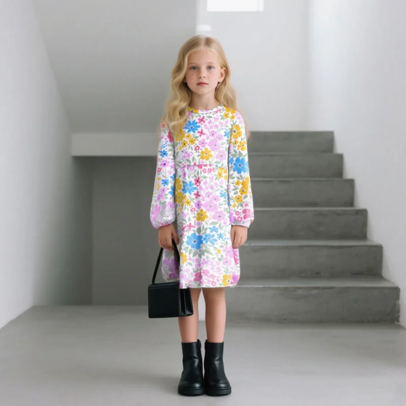 

2025 Girls' Floral Long - Sleeve Dress with Sleeves: Cute & Stylish for Kids, Perfect for Daily Wear/Parties | Cross - Border