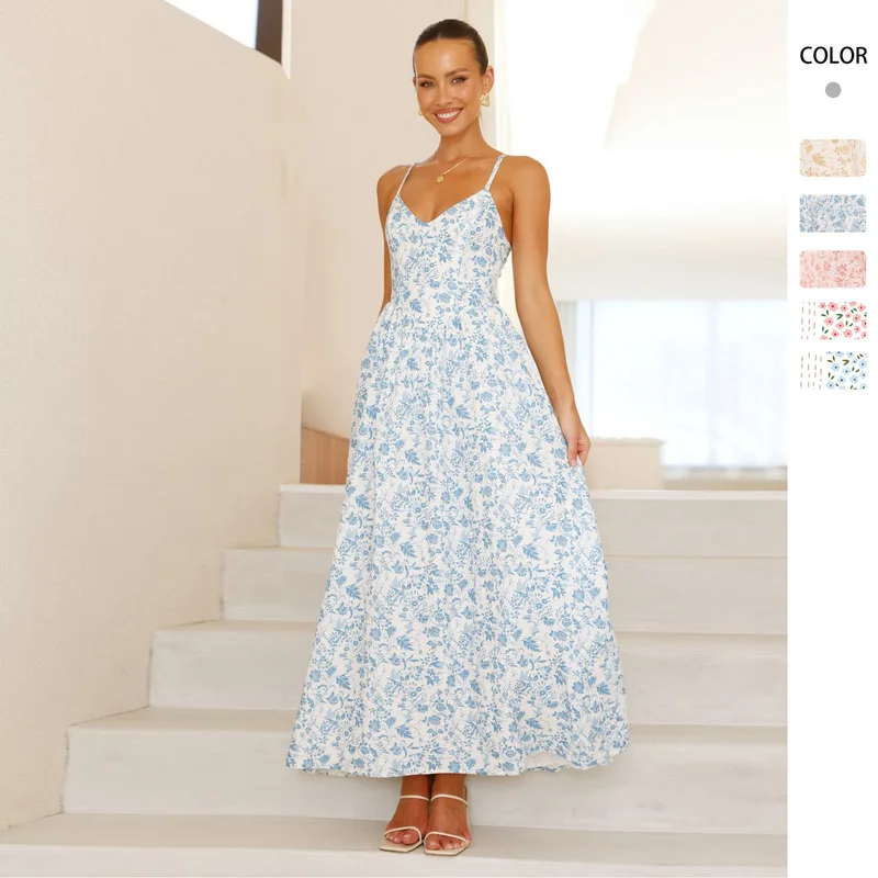 

Summer New V Neck Waist Tie Beach Holiday Maxi Dress Sexy Backless Bow Tie Belted Long Dress Elegant Flowy Chiffon Design