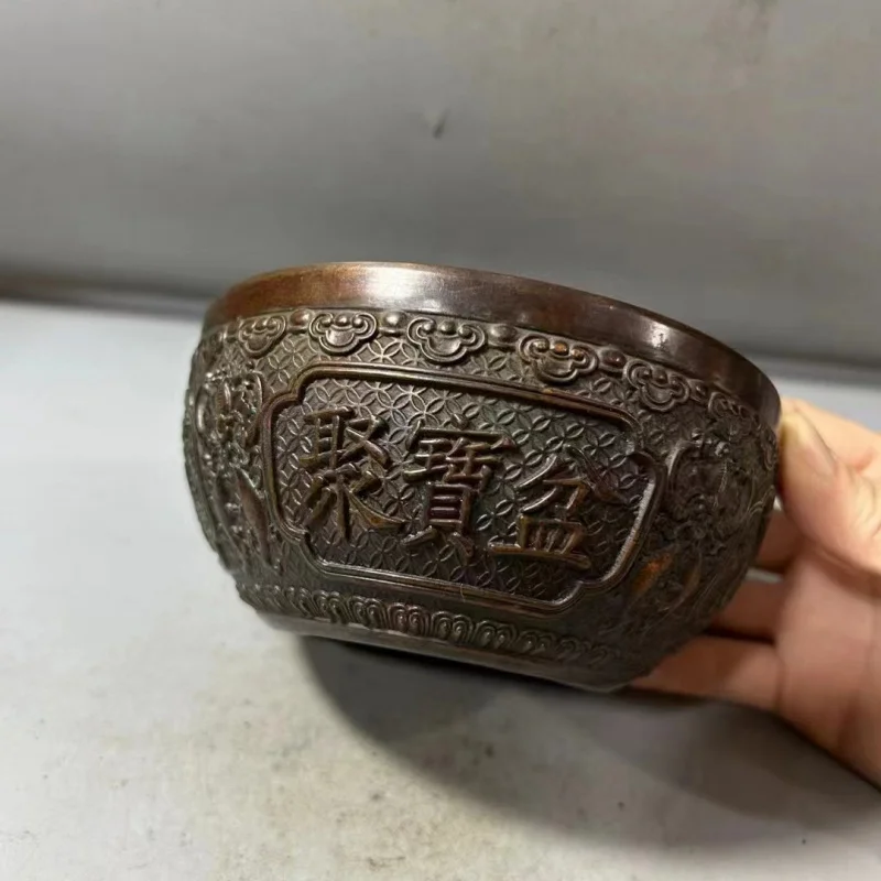 Antique Copper Bowl Kirin Bowl Antique Treasure Basin Ornament Qing Dynasty Qianlong Year Relief Home Decor Craft Ornament