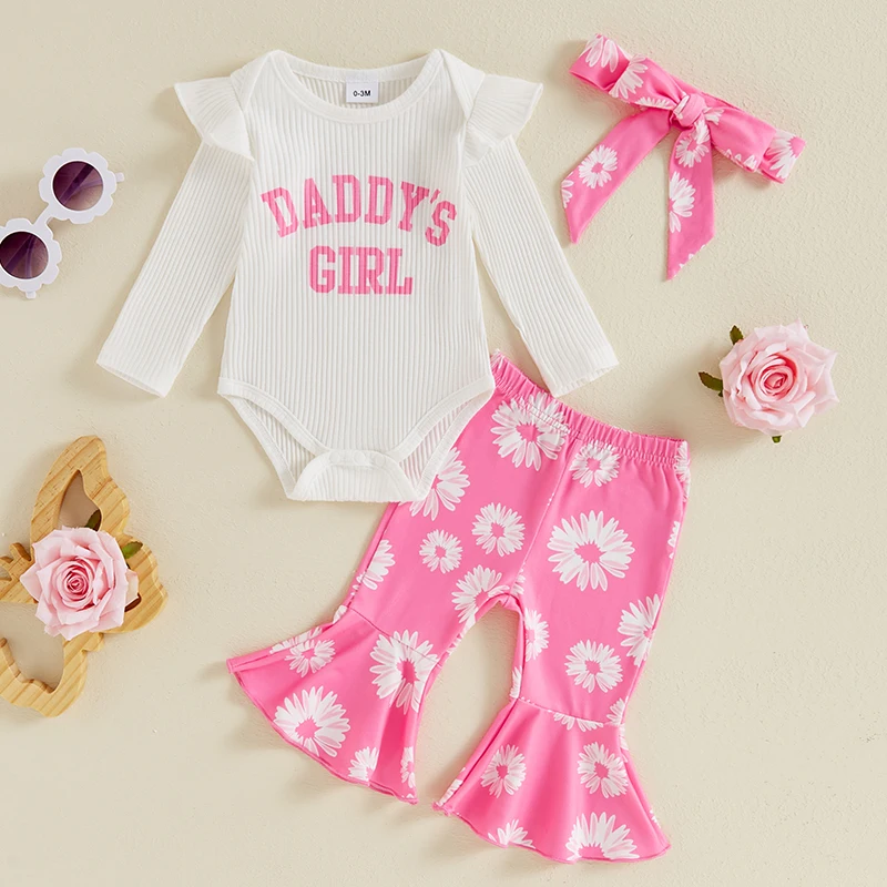 

Suefunskry Baby Girl Spring Fall Outfit, Letter Print Long Sleeve Ribbed Romper Flower Flare Pants Bow Headband Toddler Set