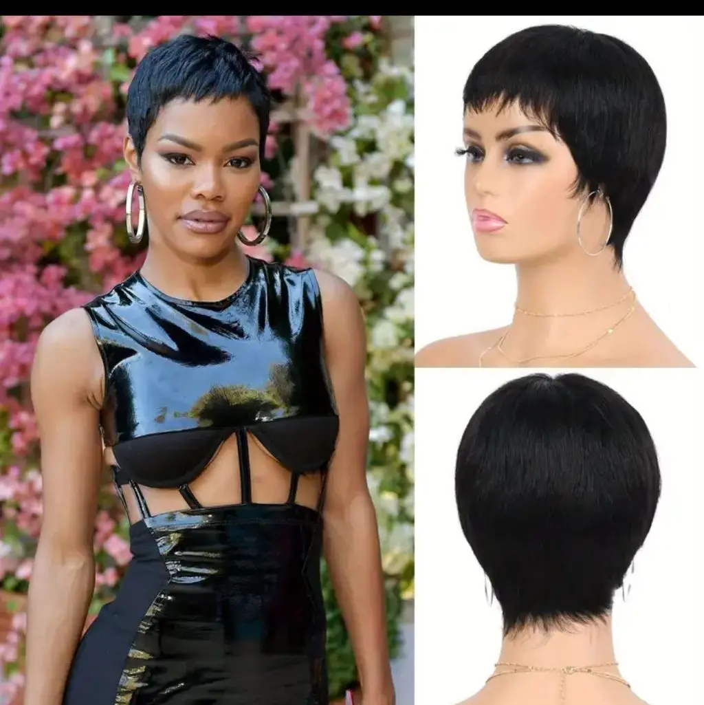 Peluca de duendecillo en capas ondulada corta, cabello humano con corte de niño, pelucas de cabello humano corto para mujeres negras, pelucas de cabello brasileño hechas a máquina en venta