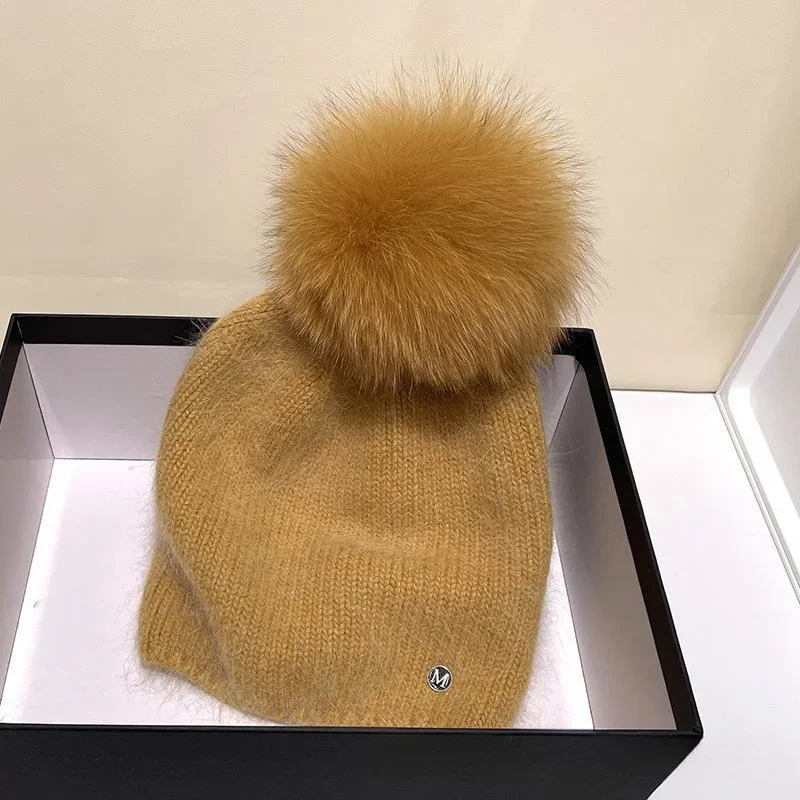 Solid Winter Female Real Fur Cap Pom Poms Winter Hat For Women Girls Hats Knitted Thick Lady Beanies Skullies