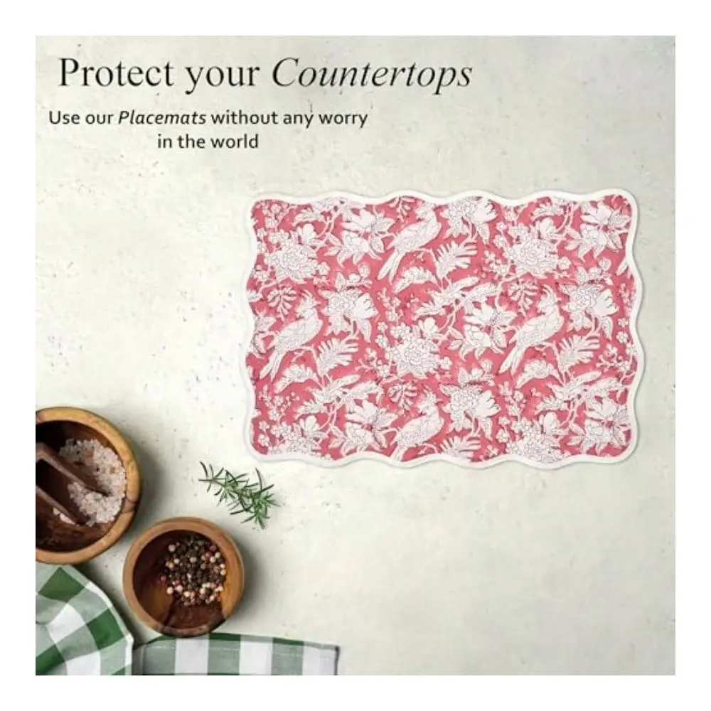 

Cotton Placemats Set Of 4 Handmade Block Printed Reversible Placemats Machine Washable Flower Scalloped Embroidered Cloth Table