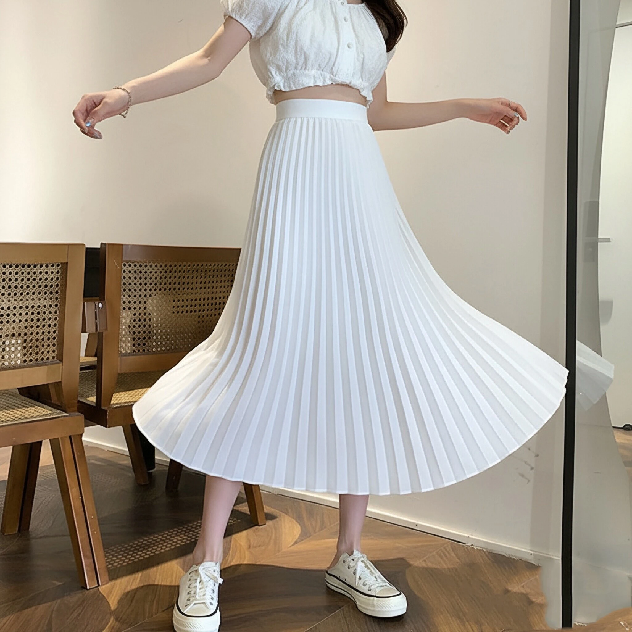 

Women Midi Skirt Elegant Women's Pleated Midi Skirt with High Waist Slimming Outline for Daily Wear Streetwear Fashion for Women