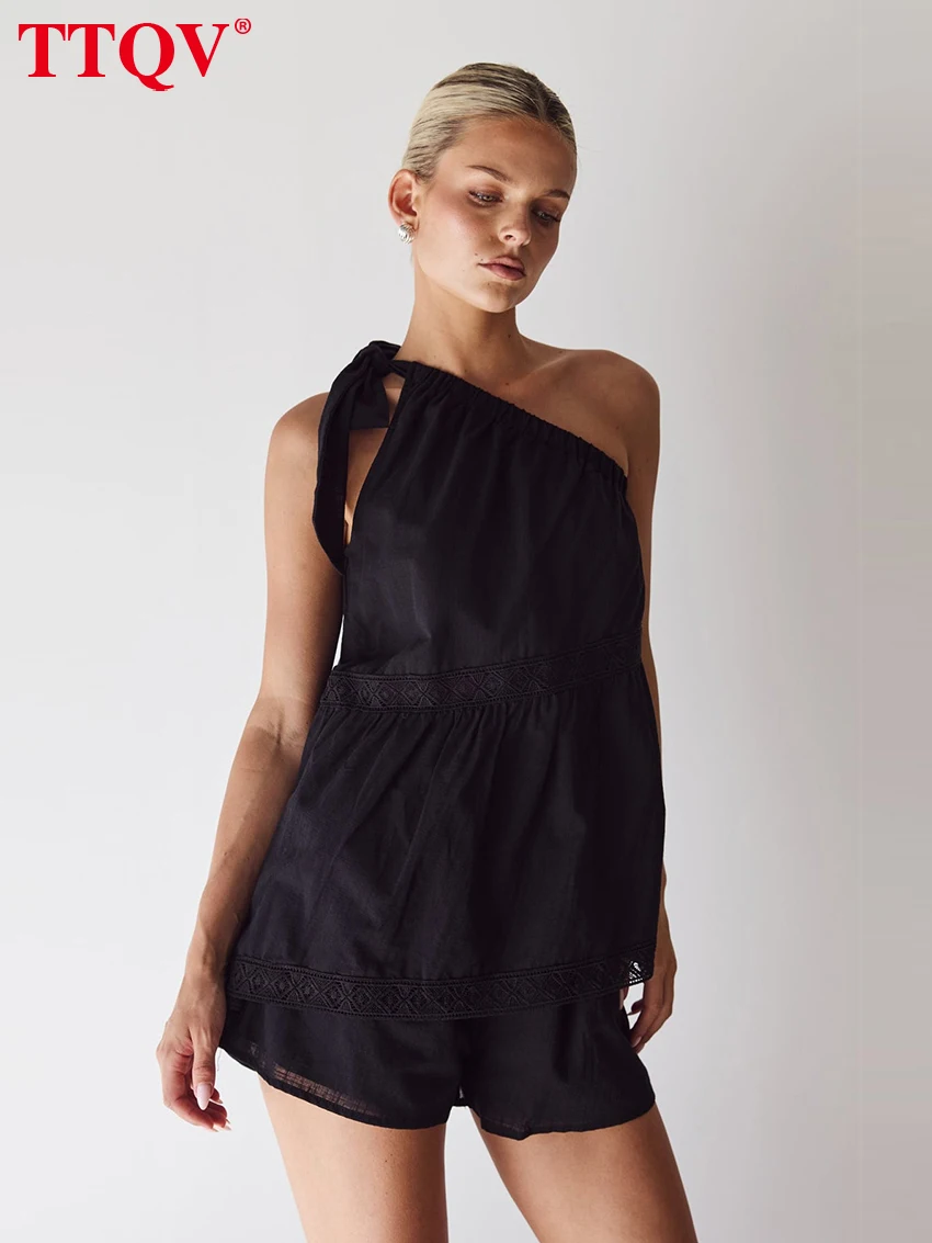 

TTQV Sexy Loose Black Cotton Shorts Sets Woman 2 Pieces Summer Sleeveless Tank Top With High Waist Shorts Set Female Clothing