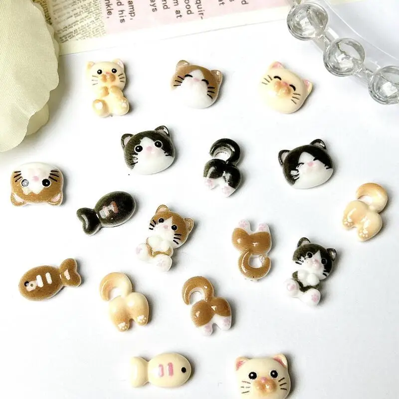 20개 귀여운 고양이 머리 모양 네일 아트 참, 야광 그림 작은 물고기 고양이 레진 네일 장식, DIY 헤어핀 네일용