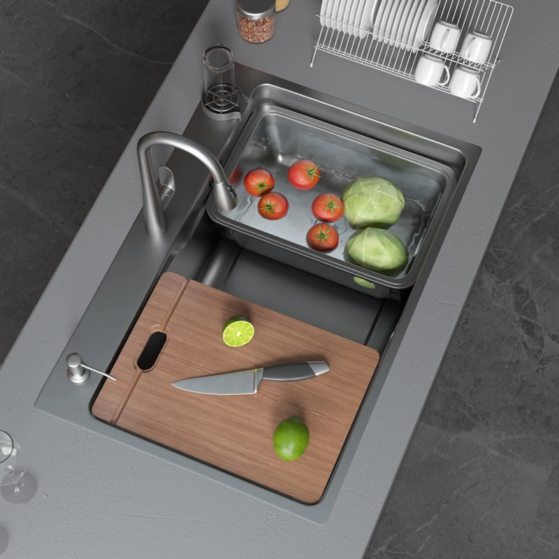 

Guying 304 stainless steel sink large single sink kitchen washing basin household, washing sink nano gun ash table and lower bas