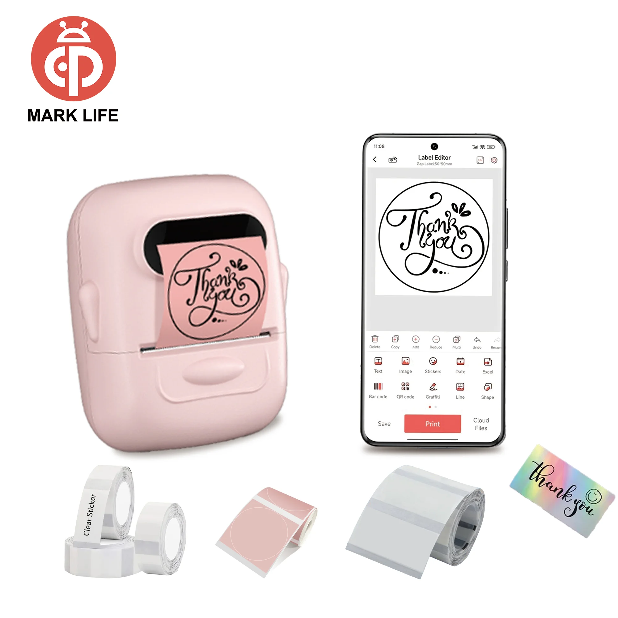 

Мини-принтер этикеток Bluetooth, розовый термобеспроводной HD-принтер для офисной кухни, школы подарка/сделай сам, креативная/маркировка