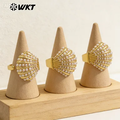 

WT-MPR163 Personality Fashion Style Shell Charms With Artificial Pearl Beads Paved Yellow Brass Women Opeaning Ring