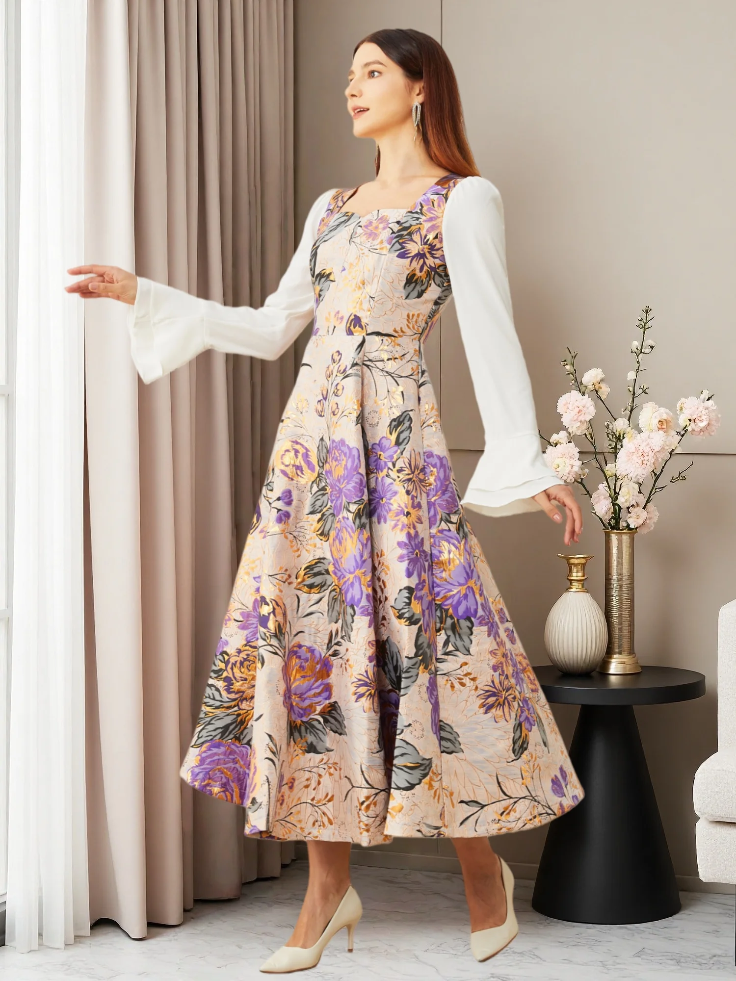 DEVCHATA スクエアネック ヴィンテージジャカード フ - French Vintage Floral Midi Dress のレビューと価格