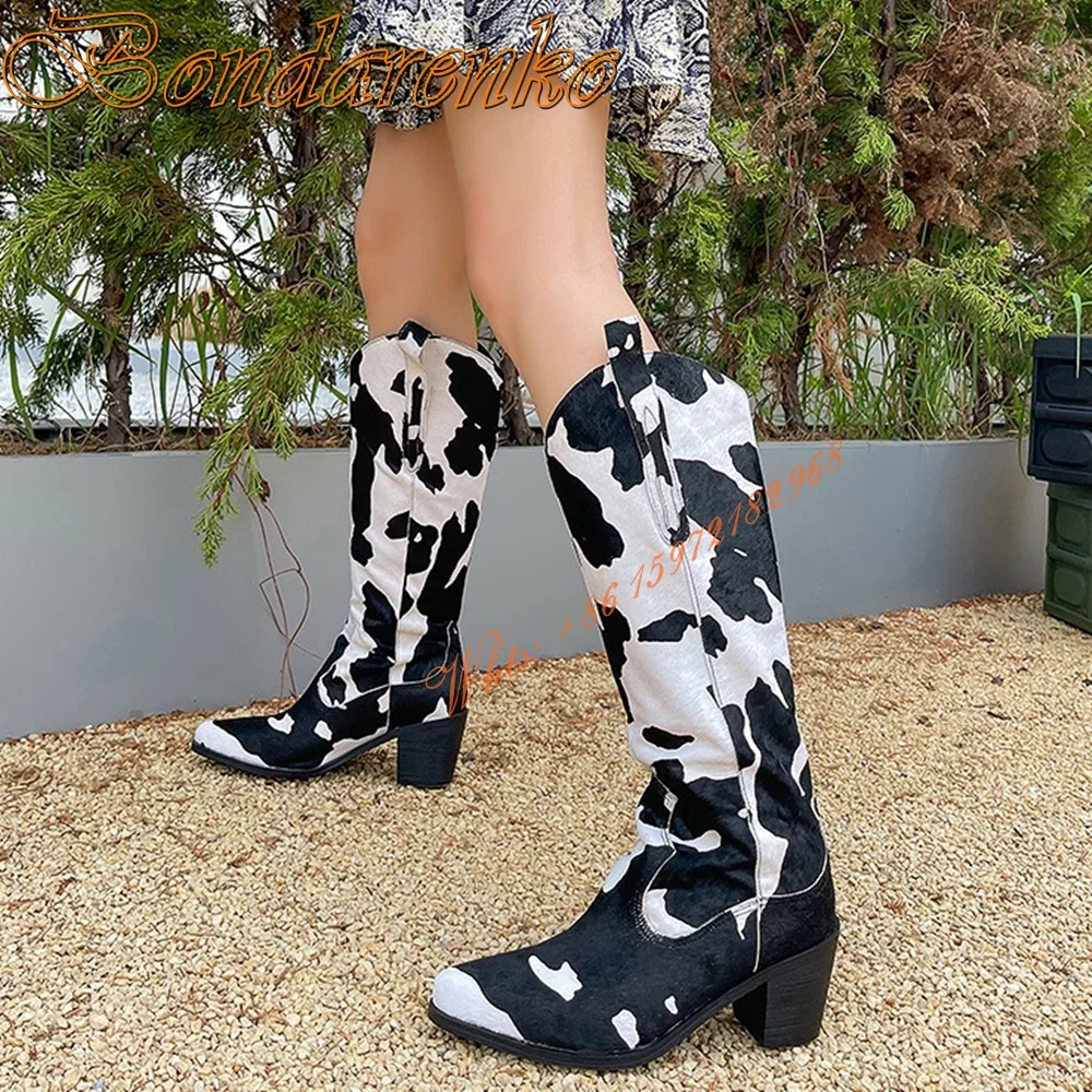 

Cow Print Horsehair Catwalk Boots Chunky Heel Pointy Toe Mixed Colors Women Shoes Sexy Banquet Knee High Boots Winter Autumn