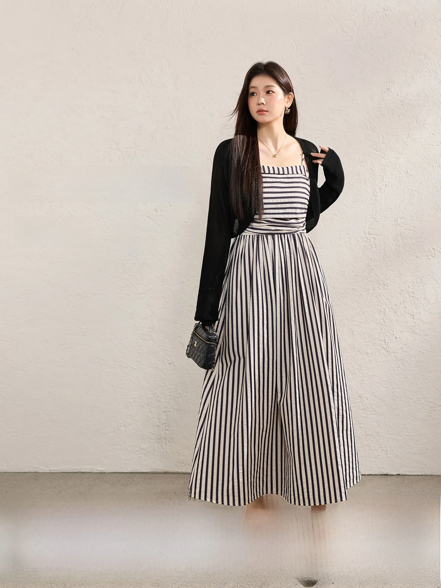 

Bla Knitted Open Cardigan And Strap Dr Set plus Size Women's Spring Faion Texture Vertical Stripes Casual Loose Sle