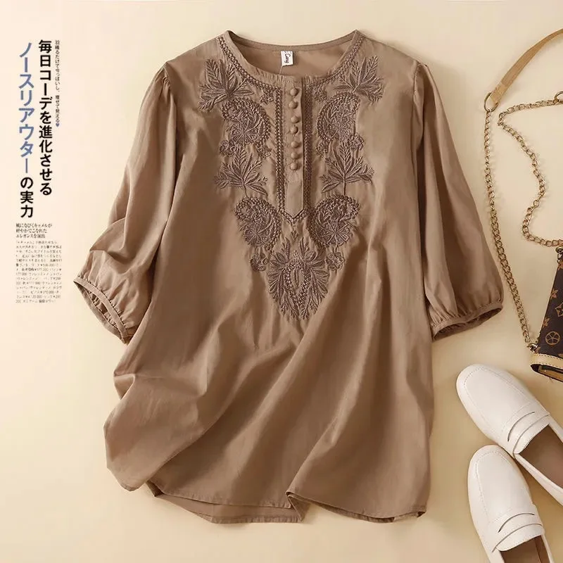 

Summer Thin Cotton Linen T Shirt for Women New In Embroidery Retro Solid Casual Blouses Loose Fashion Short Sleeve Top O Neck