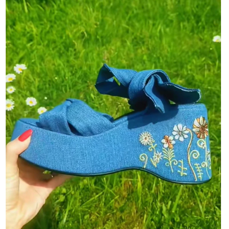 

Blue Platform Bow Open Toe Slingback Cross Strap Wedge Sandals Woman Summer 2026 Brown Hollow Thick Sole High Heel Shoes