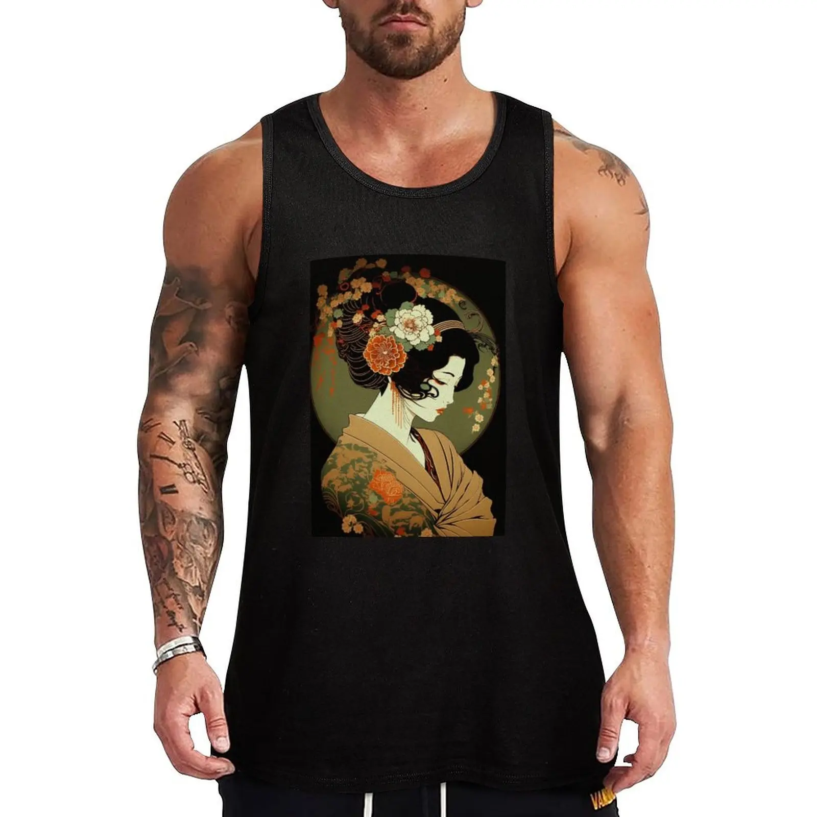 Woman Wearing Kimono - Art Nouveau Tank Top Beach Vacation Tank Top Casual Sleeveless Loose Top
