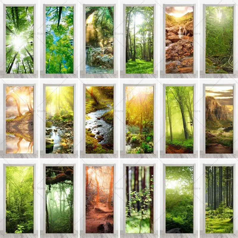 Glowing Sunbeam Deep Forest 3D Door Sticker Self-Adhesive Realistic Door Mural for Living Room Peaceful Woodland Aesthetic Decor
