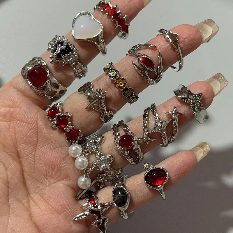 Goth Red Crystal Butterfly Heart Open Rings for Women Trend Vintage Adjustable Finger Rings Halloween Jewelry