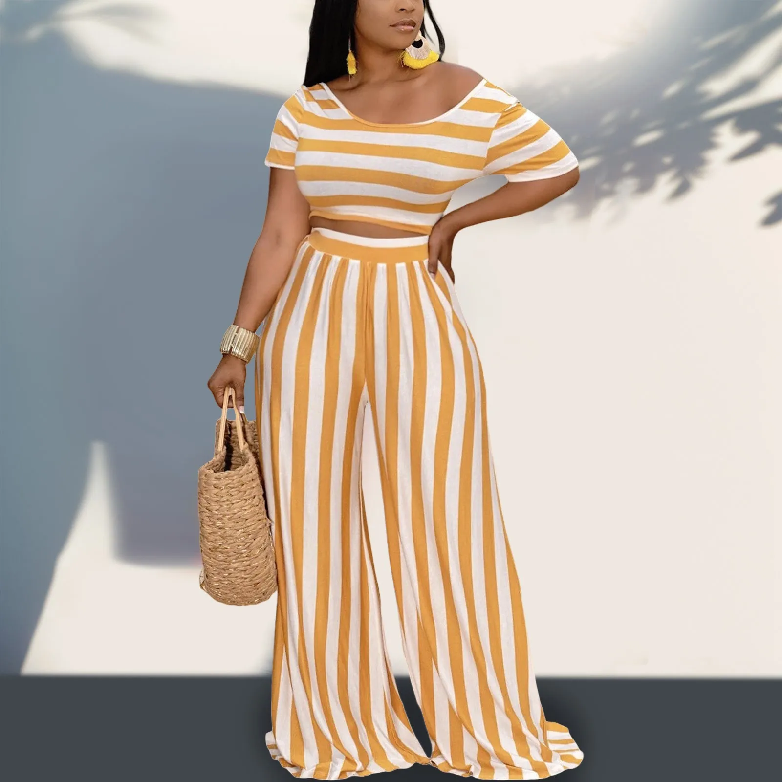 Black White Striped Set African Clothes Cropped tshirts High Waist Wide Leg Pants Two Piece Set Elegant OL Ladies Clothing