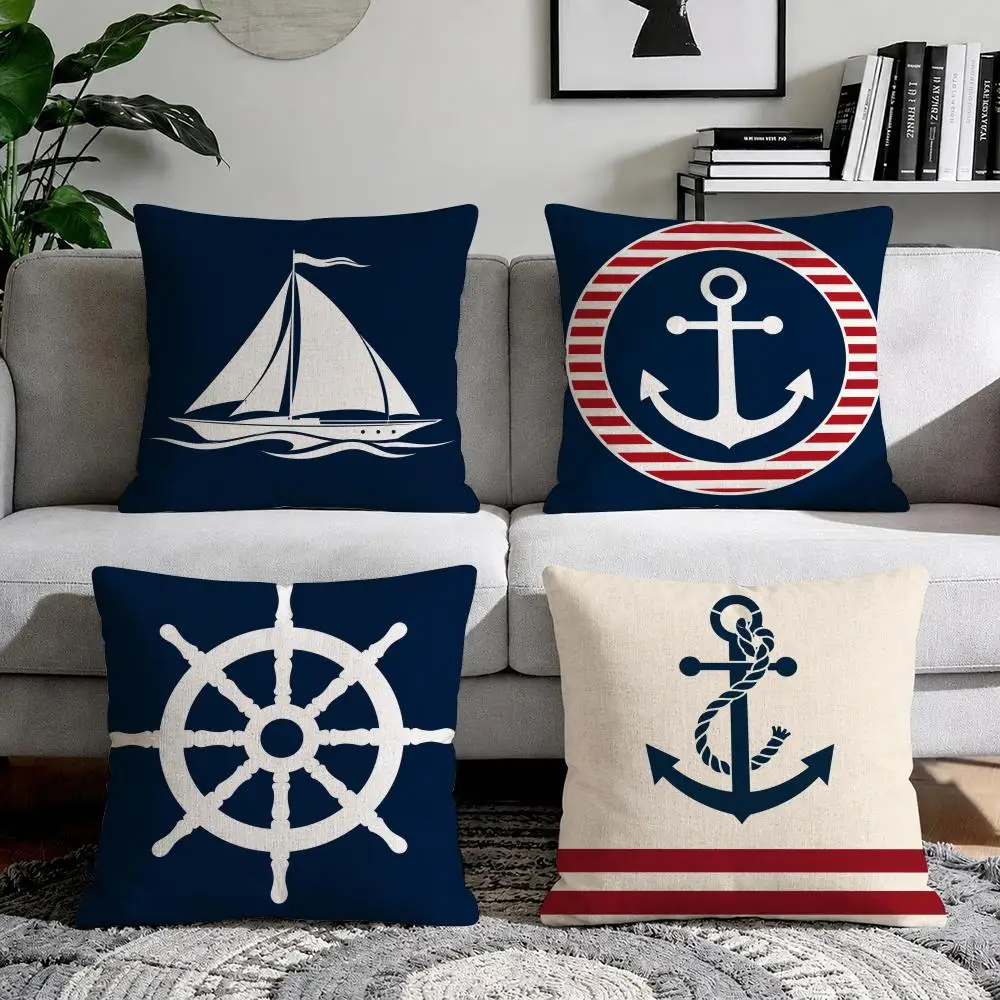 Navy Blue Nautical Ocean Boat Anchor Cushion Cover Natural Breathable Durable Linen Printed Decor Pillow Case Sofa Bedroom