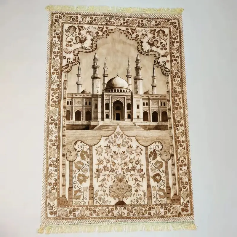 Mosque Architectural Tassel Islamic Prayer Mat Foldable Portable Muslim Janamaz Sajadah Rug Durable Home Worship Ramadan Gift