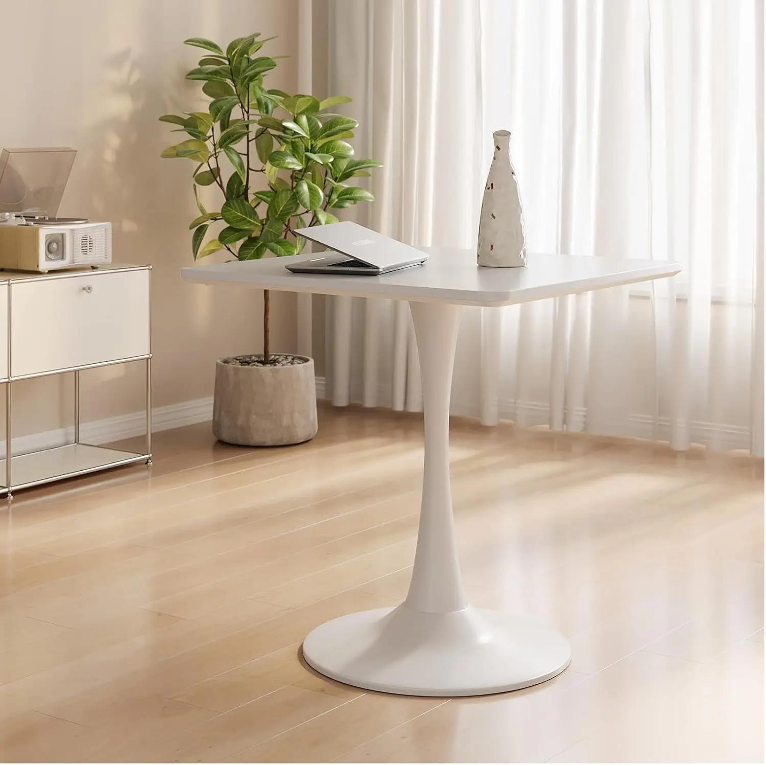 White Square Tulip Table For 2, 24 Inch Small Dining Table With Metal Pedestal Base For Kitchen, Mid-Century Modern Table With