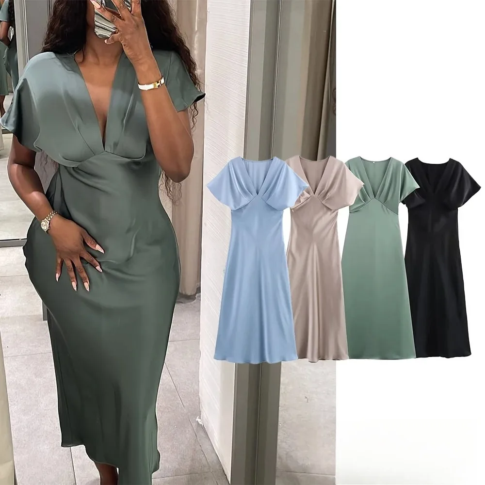 KONDALA Sexy col en V Satin longue robe femmes col en V à manches courtes robe droite mode 2025 printemps été élégant robe de soirée