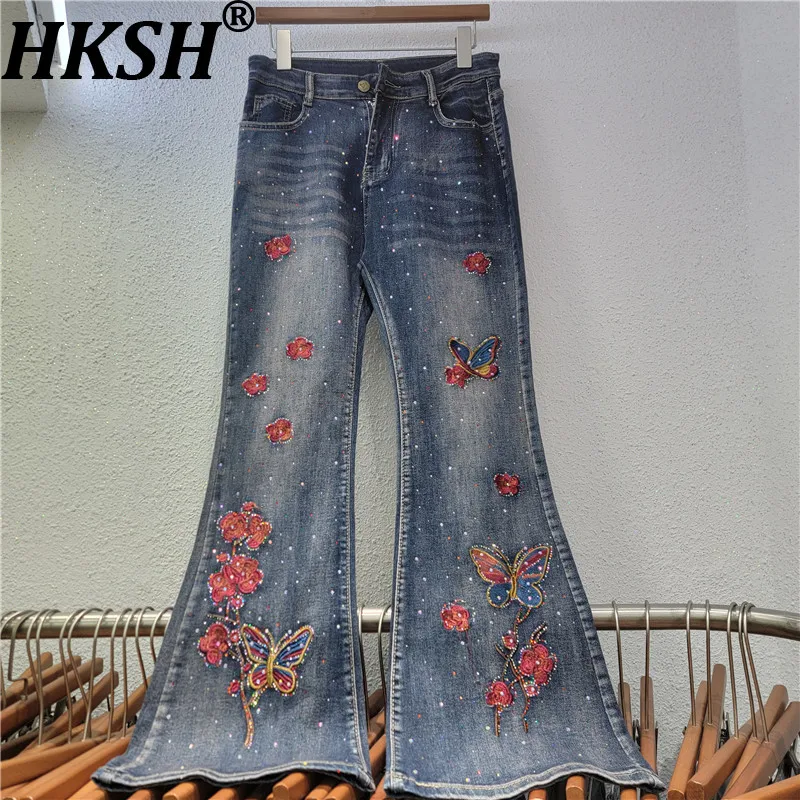 

HKSH 2026 Spring New Women's Flare Jeans Embroidery Studded Diamonds Retro Denim Slimming Elegant Chic Y2K Vintage Pants HK19097