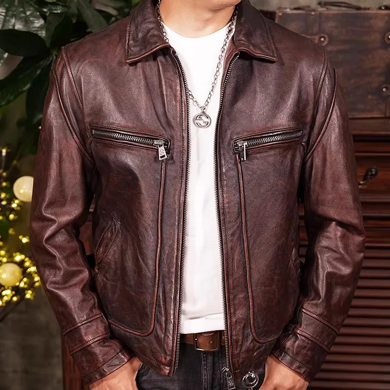 

Новая мужская короткая кожаная куртка из натуральной кожи 2026 года, винтажная, повседневная, из воловьей кожи, мотоциклетная, верхний слой