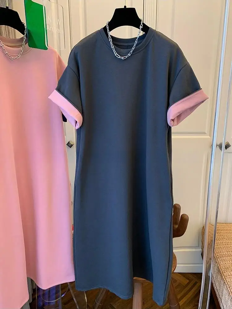 SuperAen ファッションハイエンドコントラストカラー半袖 Tシャツドレスルーズロングドレスオーバーサイズ 2025 夏の新作ドレス