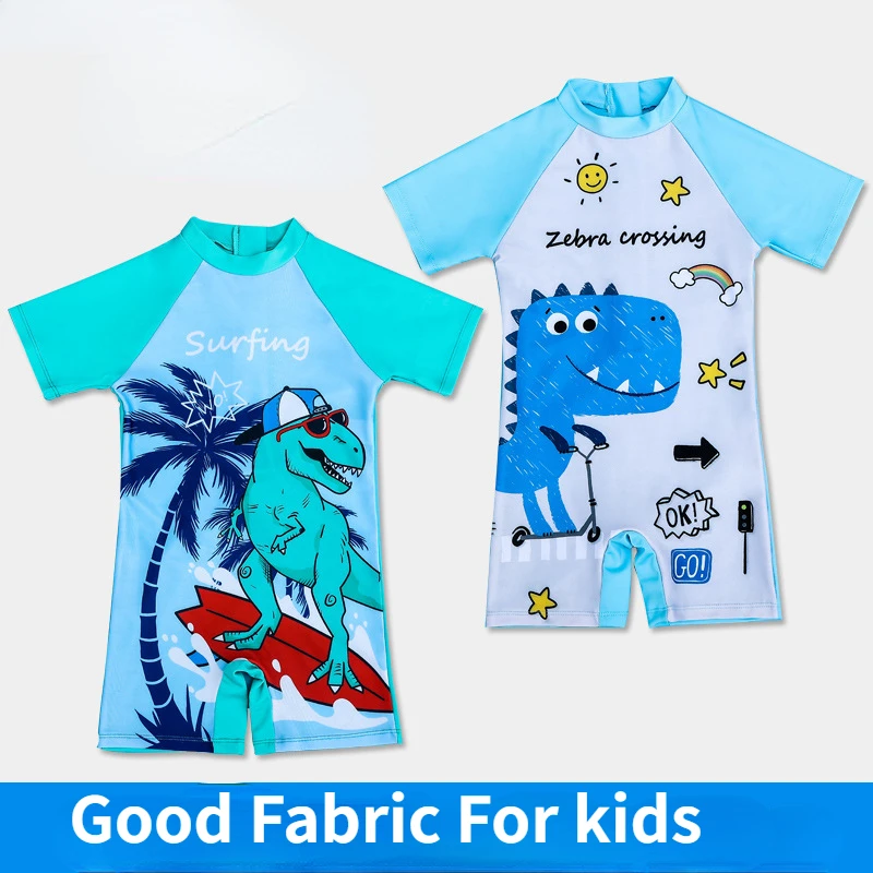 One Piece Swimsuit for Children, Baby Boys, Cartoon Dinosaurs, Short Sleeve, Sunscreen, Quick-drying Swim Cap, Swimwear Set