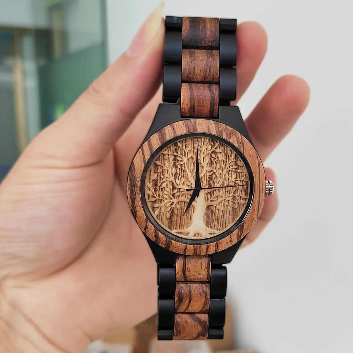 Lucky Tree Natural Wooden Watch Chronograph Fashion Hummingbird Dial Wood Quartz Wrist Watches for Men Clock reloj para hombre