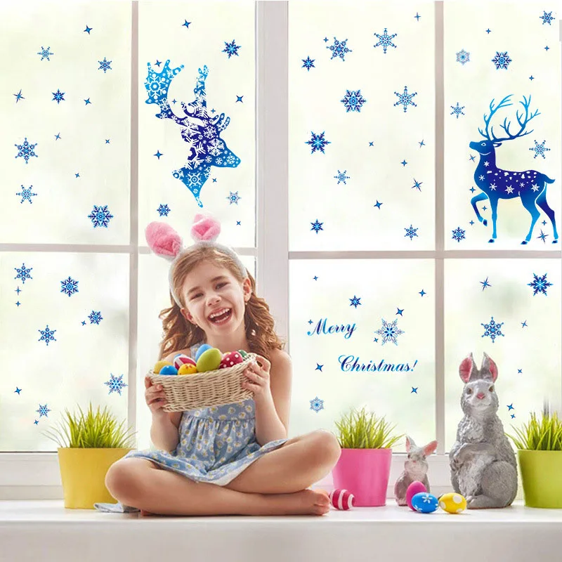 Christmas New Year Sticker On Window Blue Elk Snowflake Stickers Winter Wall Decals New Year Sticker 2022 Christmas Window