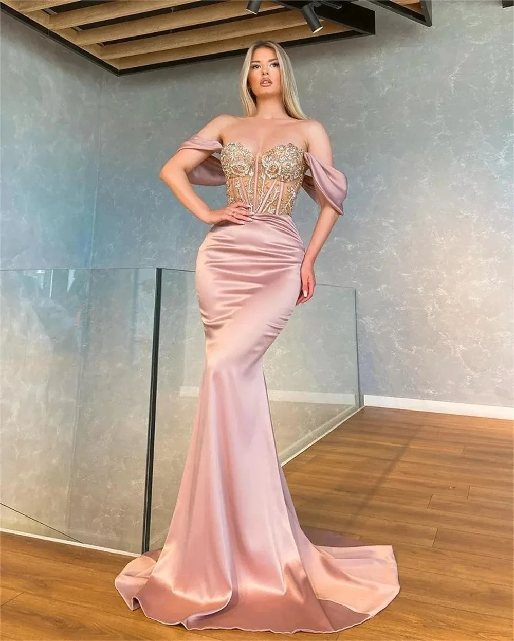 Sexy Evening Dresses Long Luxury Off Shoulder Birthday Party Dress Crystal Beaded Formal Gowns robe de soirée femme Prom Dress