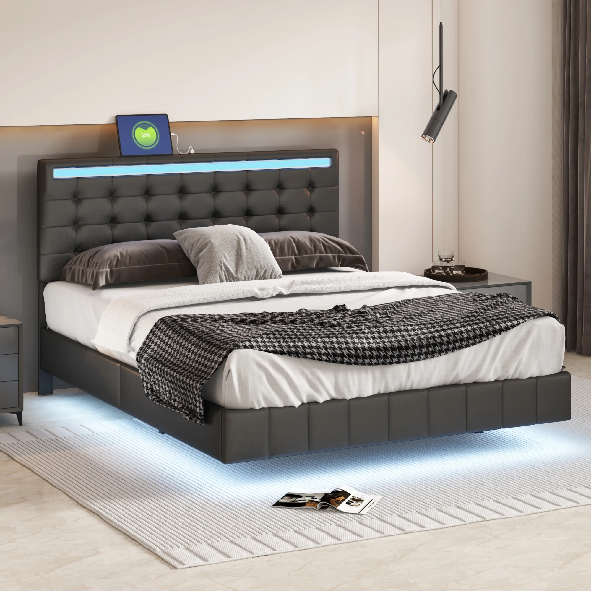 [Flash Sale]Queen Size Floating PU/Linen Bed Frame W/LED Lights&USB Charging Modern Upholstered Platform Bed Black/White[US-W]