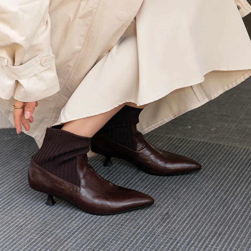 

2026 new autumn winter natural leather women ankle boots 22-24.5cm sheepskin+fabric pointed toe kitten heel short boots