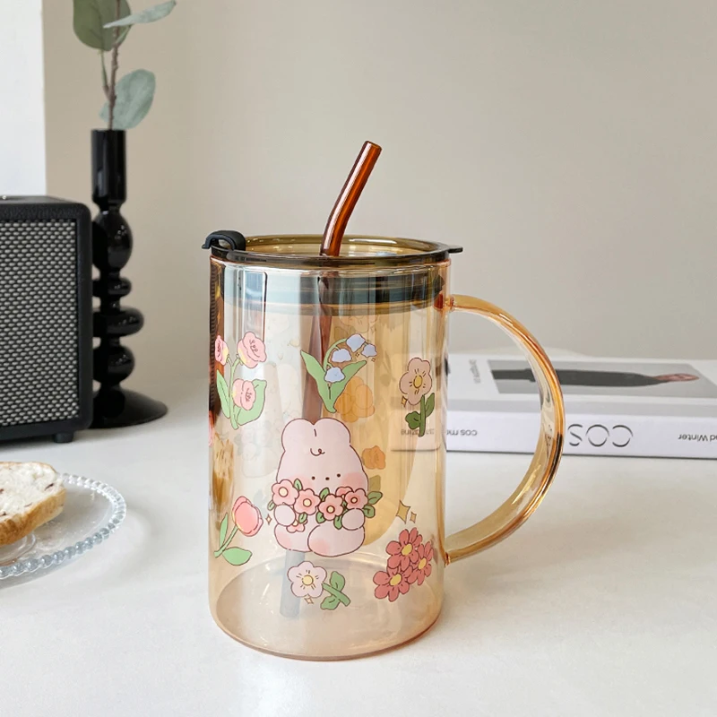Cute Bunny Glass Cup With Lid Straw Kawaii Coffee Mugs Big Milk Beer Wine Drinking Glasses Korean Water Juice Cup Drinkware Gift