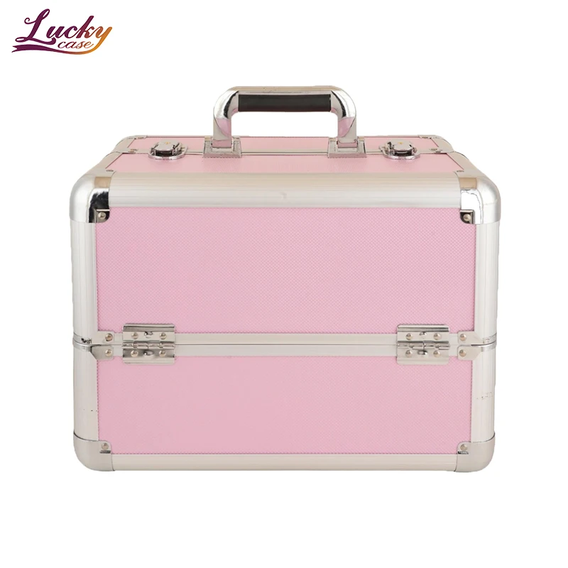 Pink Travel Makeup Storage Case Portable Cosmetic Artist Organizer Box with Trays and Dividers Custom Aluminum Makeup Case