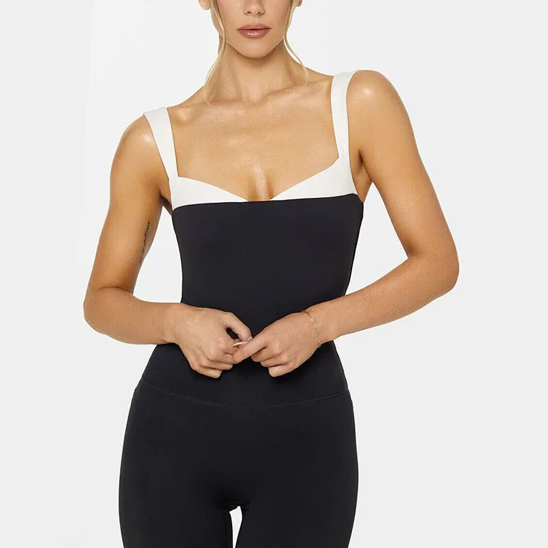Women Yoga Set 2 Piece Contrast Color Square Neck Sports Crop Tank Top High Waist Leggings Workout Set Gym Fitness Sports Outfit
