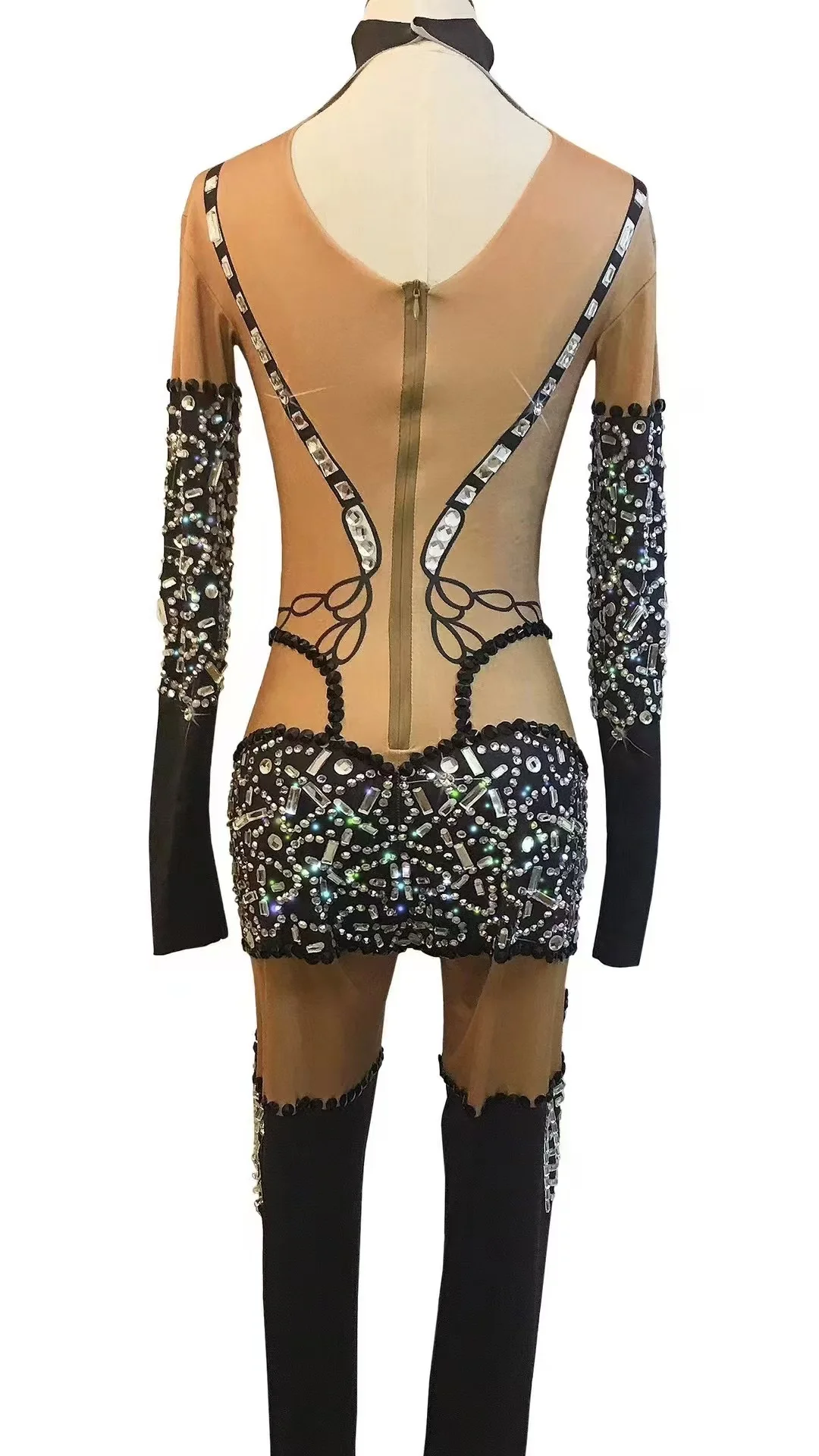 أسود الملاك كامل الماس كاذبة يتعرض MeatPalace ملابس منقوشة بكم طويل شرابة ارتداءها أنثى ملهى ليلي أداء زي A850