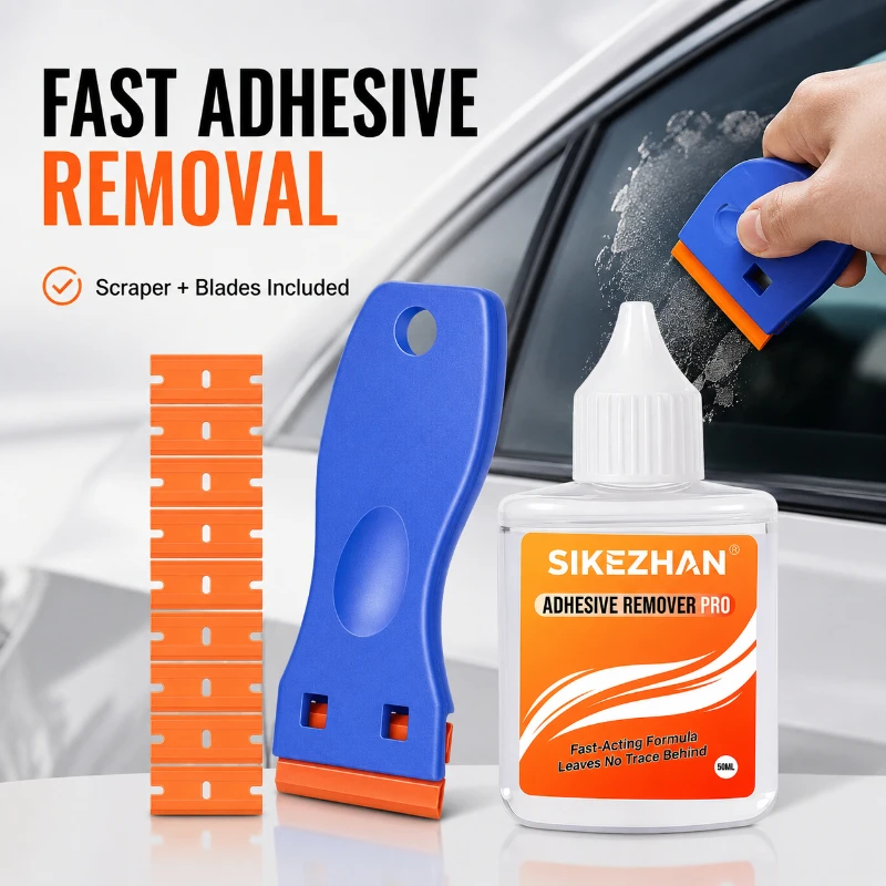 Adhesive Remover Kit Fast Acting No Residue Glue Sticker Decal Cleaner With Scraper Blades For Car Glass Surface Sticker Removal