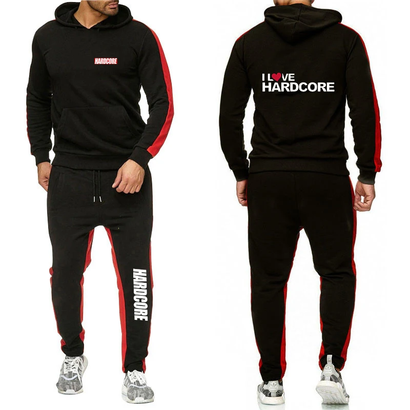 HARDCORE Printed Hoodie Sweatpants Tracksuit Men\'s Hooded Sweatshirt+Pants Pullover Sportwear Suit Clothes 2 Pieces Sets