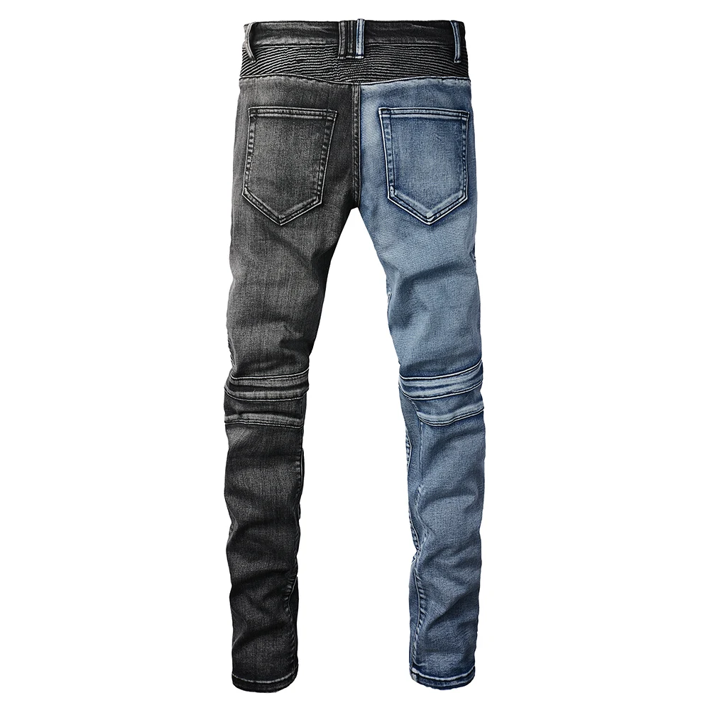 Men's Biker Jeans for Motorcycle Two Colors Spliced Cotton Denim Pants Streetwear Pleated Patch Slim Tapered Trousers